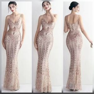 Elegant Sequined Evening Gown in Beige